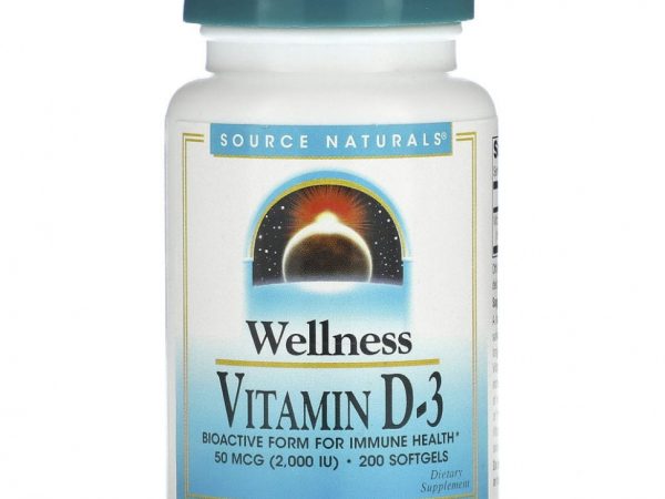 Source Naturals, Wellness, витамин D3, 50 мкг (2000 МЕ), 200 мягких таблеток