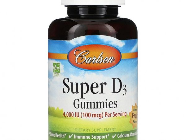 Carlson Labs, жевательные супер мармеладки с витамином D3, со вкусом натуральных фруктов, 25 мкг (1000 МЕ), 120 жевательных мармеладок