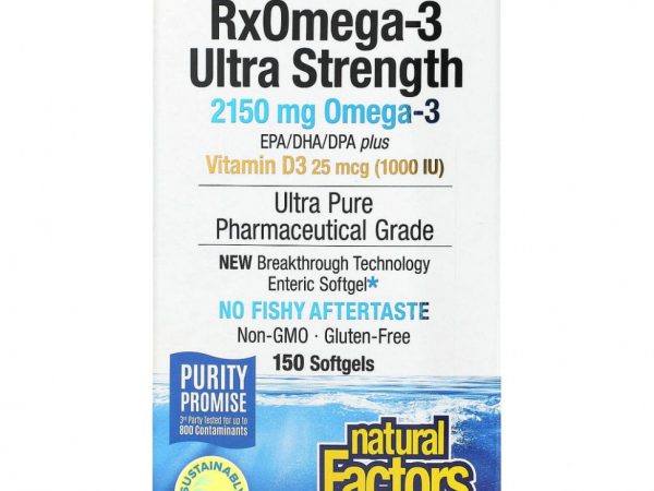 Natural Factors, Ultra Strength, RxOmega-3, с витамином D3, 900 мг ЭПК/ДГК (эйкозапентаеновая/докозагексаеновая кислота), 150 гелевых капсул Enteripure