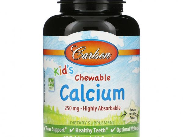 Carlson Labs, Жевательные таблетки с кальцием для детей, с натуральным ванильным вкусом, 250 мг, 60 таблеток