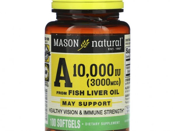 Mason Natural, витамин A из жира печени рыбы, 3000 мкг (10 000 МЕ), 100 капсул
