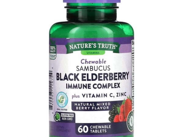 Nature's Truth, Иммунный комплекс Sambucus Black Elderberry, плюс витамин C и цинк, натуральная смесь ягод, 60 жевательных таблеток