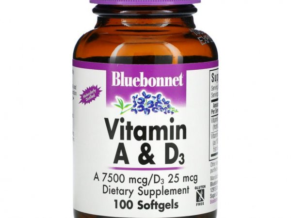 Bluebonnet Nutrition, витамины A и D3, 100 капсул