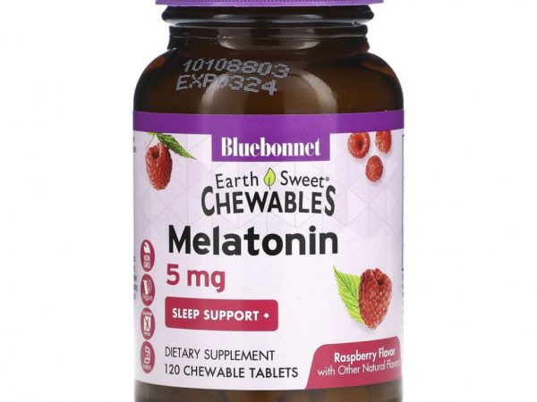 Bluebonnet Nutrition, Жевательные конфеты EarthSweet, мелатонин, натуральный малиновый вкус, 5 мг, 120 жевательных таблеток