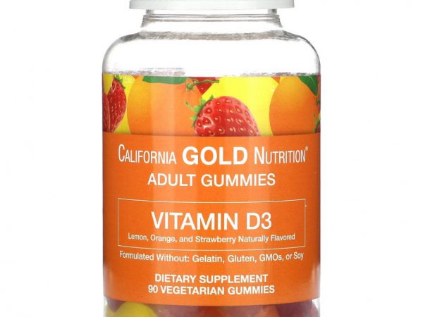 California Gold Nutrition, жевательный витамин D3, без желатина и глютена, со вкусом фруктов и ягод, 25 мкг (1000 МЕ), 90 жевательных таблеток