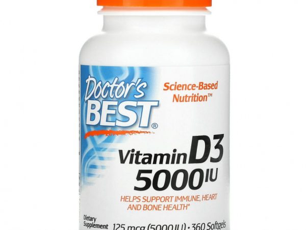 Doctor's Best, витамин D3, 125 мкг (5000 МЕ), 360 мягких таблеток