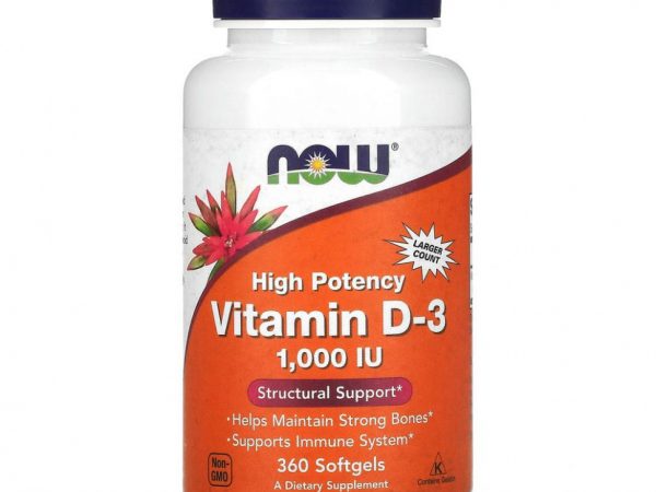 NOW Foods, витамин D3, 25 мкг (1000 МЕ), 360 капсул