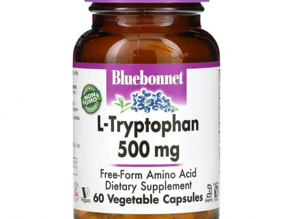 Bluebonnet Nutrition, L-триптофан, 500 мг, 60 растительных капсул
