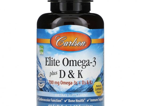 Carlson Labs, Elite Omega-3 с витаминами D и K, натуральный вкус лимона, 60 мягких таблеток