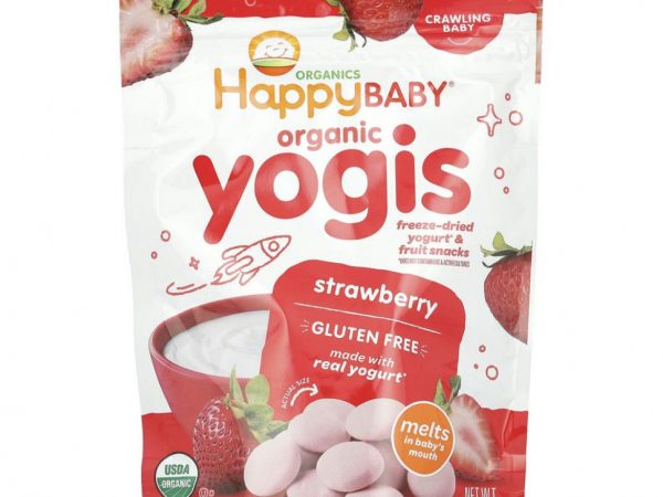 Happy Family Organics, Organic Yogis, органические снеки из сублимированного йогурта с фруктами, с клубникой, 28 г (1 унция)