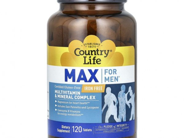 Country Life, Max for Men, комплекс мультивитаминов и микроэлементов для мужчин, не содержит железа, 120 таблеток