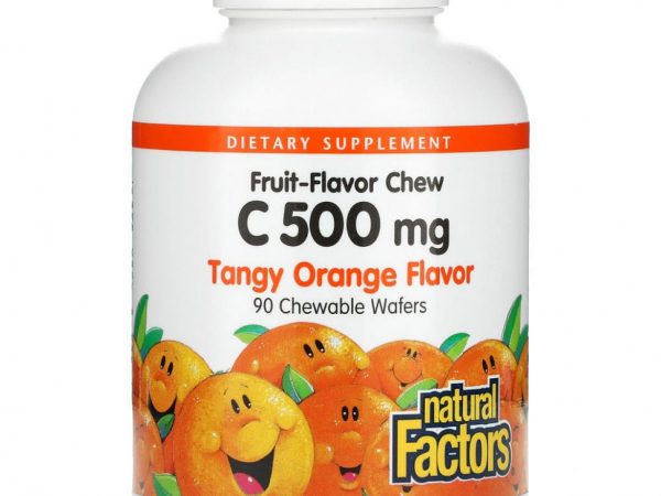 Natural Factors, Жевательный витамин C со вкусом фруктов, пикантный апельсин, 500 мг, 90 жевательных вафель