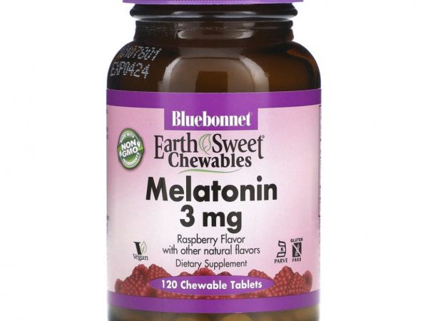 Bluebonnet Nutrition, Жевательные конфеты EarthSweet, мелатонин, натуральный малиновый вкус, 3 мг, 120 жевательных таблеток