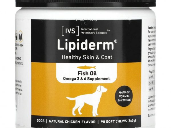 International Veterinary Sciences, Lipiderm, для здоровья кожи и шерсти, для собак, натуральная курица, 90 жевательных таблеток