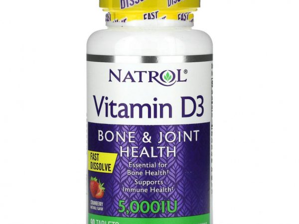 Natrol, витамин D3, здоровье костей и суставов, клубника, 5000 МЕ, 90 таблеток