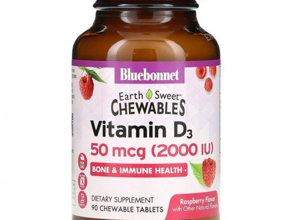Bluebonnet Nutrition, Earth Sweet Chewables, витамин D3, со вкусом малины, 2000 МЕ, 90 жевательных таблеток