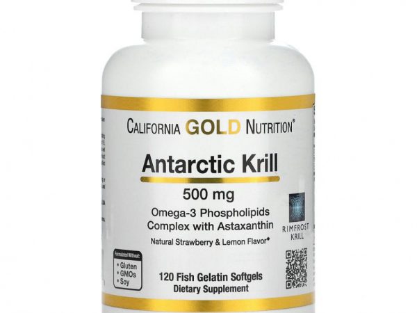 California Gold Nutrition, масло антарктического криля RIMFROST с астаксантином, натуральный клубнично-лимонный вкус, 500 мг, 120 рыбно-желатиновых мягких таблеток