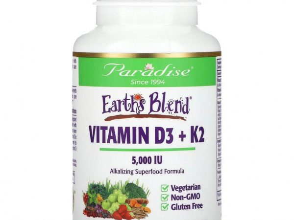 Paradise Herbs, Earth's Blend, витамины D3 и K2, 5000 МЕ, 90 вегетарианских капсул