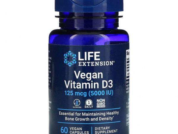 Life Extension, Веганский витамин D3, 125 мкг (5000 МЕ), 60 веганских капсул