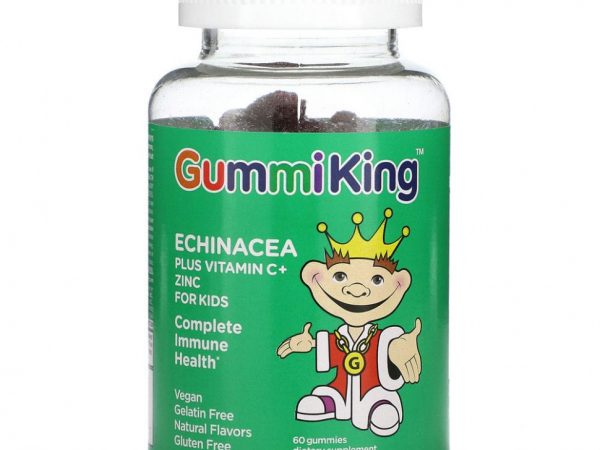 GummiKing, эхинацея, витамин C и цинк для детей, вкус клубники, апельсина, лимона, винограда, вишни и грейпфрута, 60 жевательных таблеток