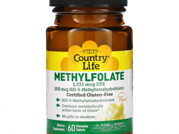 Country Life, метилфолат, со вкусом апельсина, 800 мкг, 60 жевательных таблеток