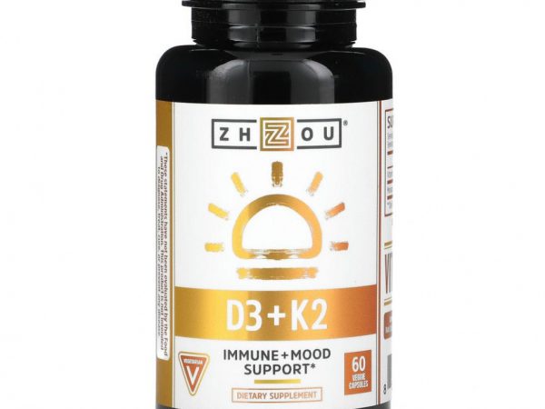 Zhou Nutrition, K2 + D3, поддержка 2-в-1, 60 вегетарианских капсул