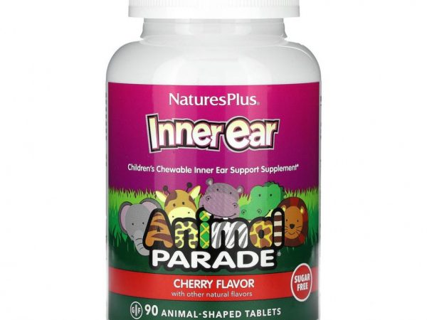 NaturesPlus, Source of Life, Animal Parade, детские жевательные таблетки для поддержания здоровья внутреннего уха, со вкусом натуральной вишни, 90 таблеток в форме животных