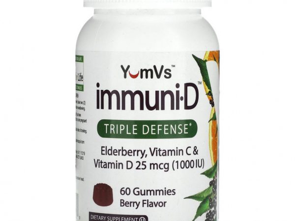 YumV's, бузина, витамины C и D, тройная защита, ягодный вкус, 25 мкг (1000 МЕ), 60 жевательных мармеладок
