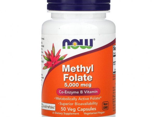 NOW Foods, метилфолат, 5000 мкг, 50 растительных капсул