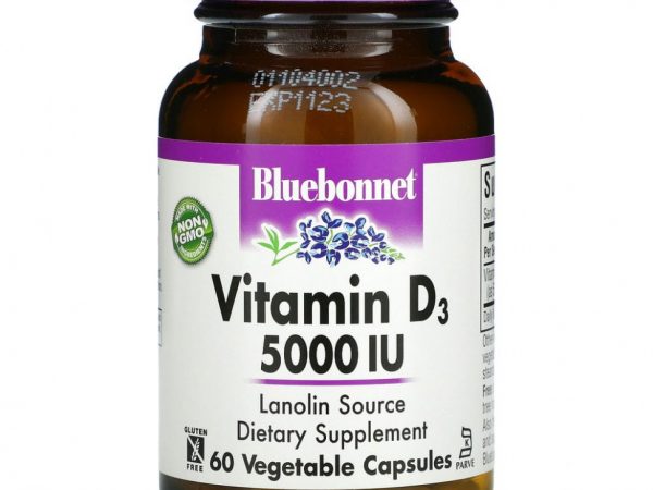 Bluebonnet Nutrition, Витамин D3, 125 мкг (5000 МЕ), 60 растительных капсул