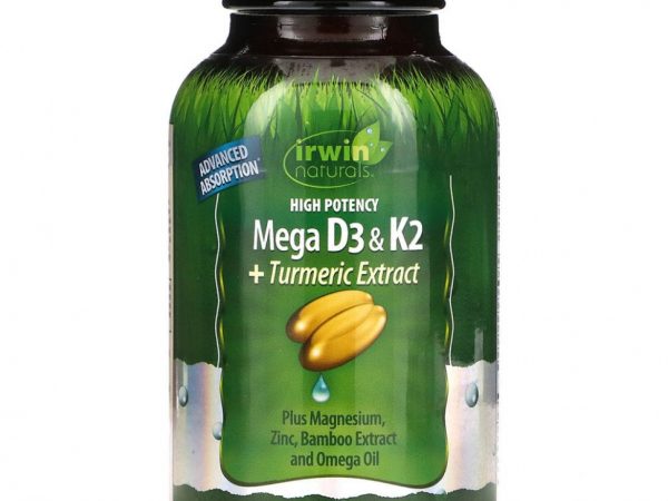 Irwin Naturals, высокоэффективный мегакомплекс витаминов D3 и К2 с экстрактом куркумы, 60 капсул с жидкостью