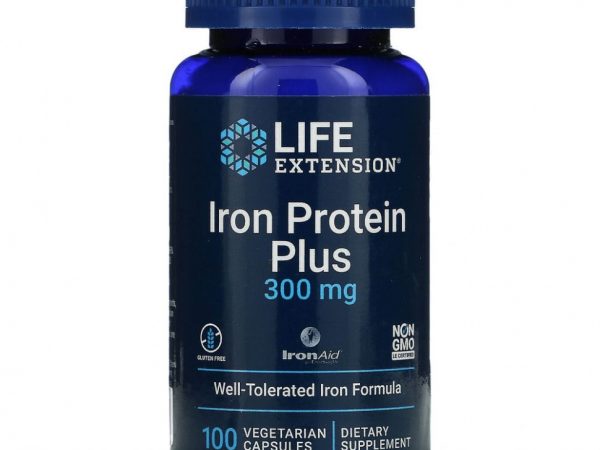 Life Extension, Iron Protein Plus, 300 мг, 100 вегетарианских капсул