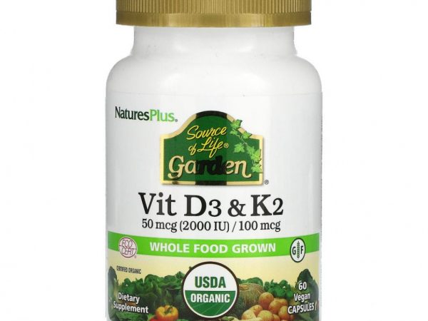 NaturesPlus, Source of Life Garden, витамины D3 и K2, 60 веганских капсул
