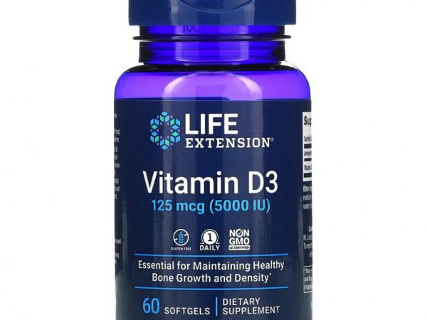 Life Extension, витамин D3, 125 мкг (5000 МЕ), 60 капсул