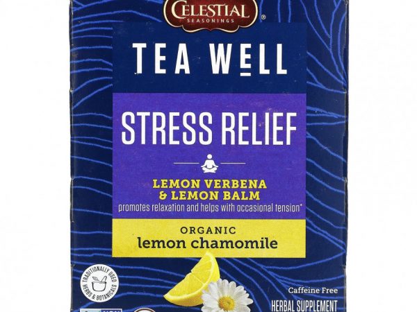 Celestial Seasonings, Stress Relief, лимонная вербена и мелисса, органическая лимонная ромашка, без кофеина, 12 чайных пакетиков по 1,2 г (0,06 унции)