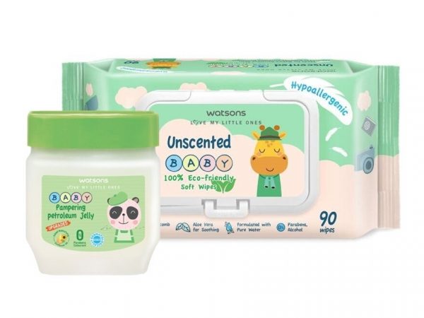 Watsons Pampering Baby Petroleum Jelly 100g+Unscented Baby Wipes 90sheets.