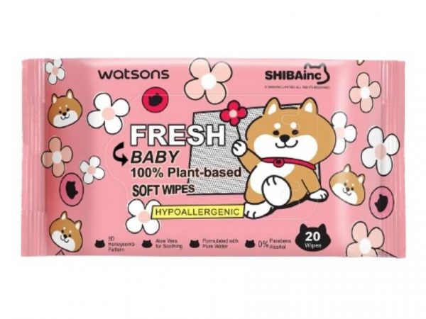 Watsons x Shibainc Fresh Baby 100 Plant-Based Soft Wipes 20 sheets.