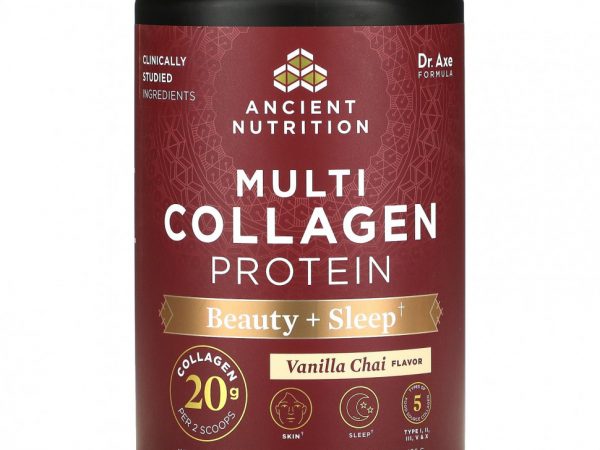 Dr. Axe / Ancient Nutrition, Multi Collagen Protein, Beauty + Sleep, ванильный чай, 16,5 унций (467,4 г)