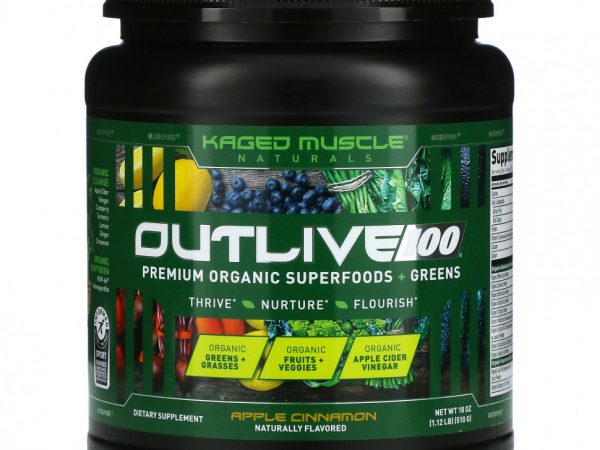 Kaged Muscle, Outlive 100, Органические суперпродукты высшего качества + зелень, яблочная корица, 18 унций (510 г)
