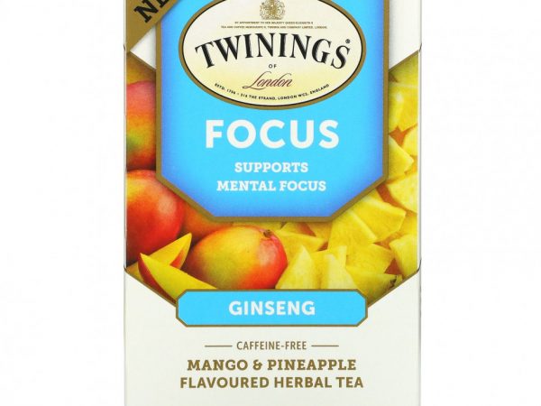 Twinings, Focus Herbal Tea, травяной чай с женьшенем, манго и ананасом, без кофеина, 18 чайных пакетиков, 27 г (0,95 унции)
