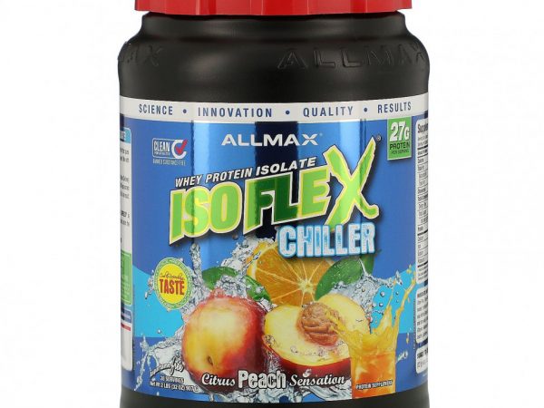 ALLMAX Nutrition, Isoflex Chiller, сверхчистый 100%-ный изолят сывороточного протеина (фильтрация ИСП частицами, заряженными ионами), цитрусово-персиковое ощущение, 2 фунта (907 г)