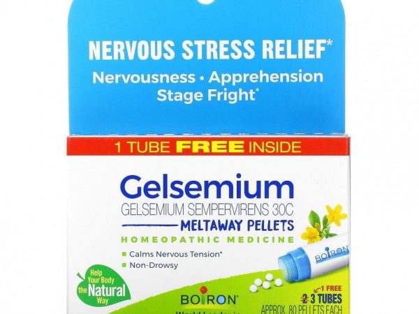 Boiron, Gelsemium, Nervous Stress Relief, Meltaway Pellets, 3 Tubes, Approx. 80 Pellets Each