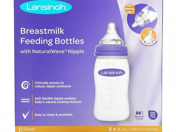 Lansinoh, NaturalWave, бутылочки для кормления грудным молоком с соской, средний поток, 3 бутылочки по 240 мл (8 унций)
