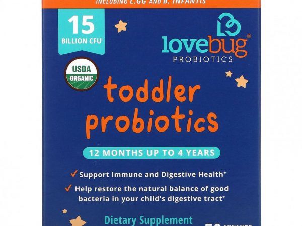 LoveBug Probiotics, пробиотики для детей в возрасте от 12 месяцев до 4 лет, 15 млрд КОЕ, 30 порций в индивидуальной упаковке