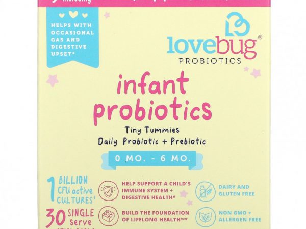 LoveBug Probiotics, пробиотики для младенцев в возрасте 0–6 месяцев, 1 млрд КОЕ, 30 пакетиков в индивидуальной упаковке, по 1,5 г (0,05 унции)