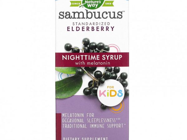 Nature's Way, Sambucus for Kids, стандартизованный сироп для улучшения ночного сна из ягод бузины с мелатонином для детей, 120 мл (4 жидк. унции)