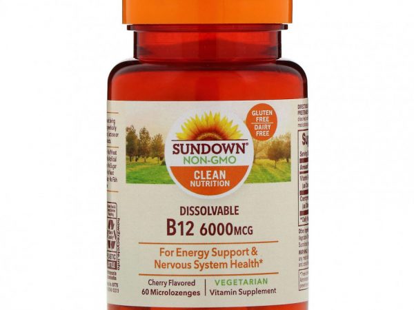 Sundown Naturals, Витамин B12 для рассасывания, ароматизатор «Вишня», 6000 мкг, 60 микропастилок для рассасывания