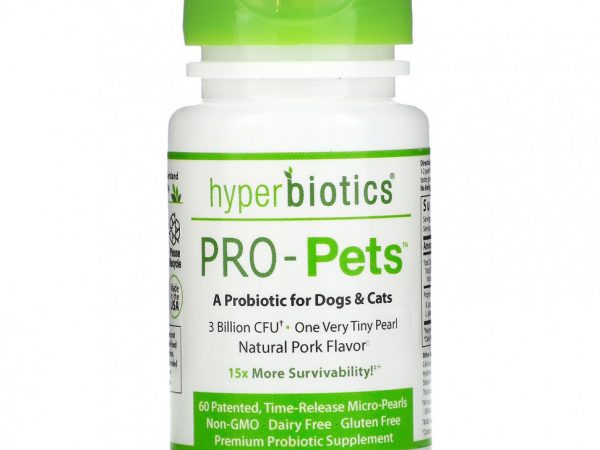Hyperbiotics, Pro-Pets, пробиотики для собак и кошек, натуральная свинина, 3 млрд КОЕ, запатентовано 60, микро-жемчуг с замедленным высвобождением