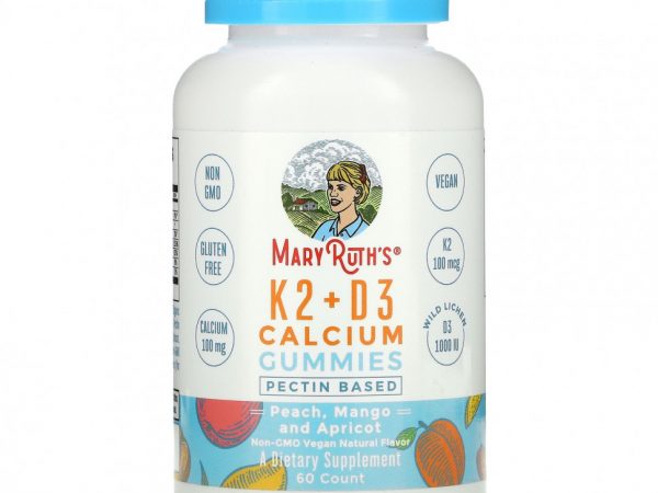 MaryRuth Organics, Жевательные мармеладки с кальцием K2 + D3, персик, манго и абрикос, 60 жевательных таблеток
