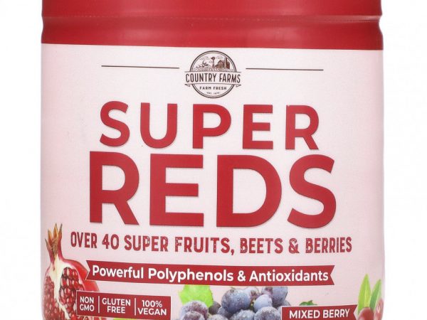Country Farms, Super Reds, смесь фруктов, корнеплодов и ягод, со вкусом ягодного ассорти, 200 г (7,1 унции)
